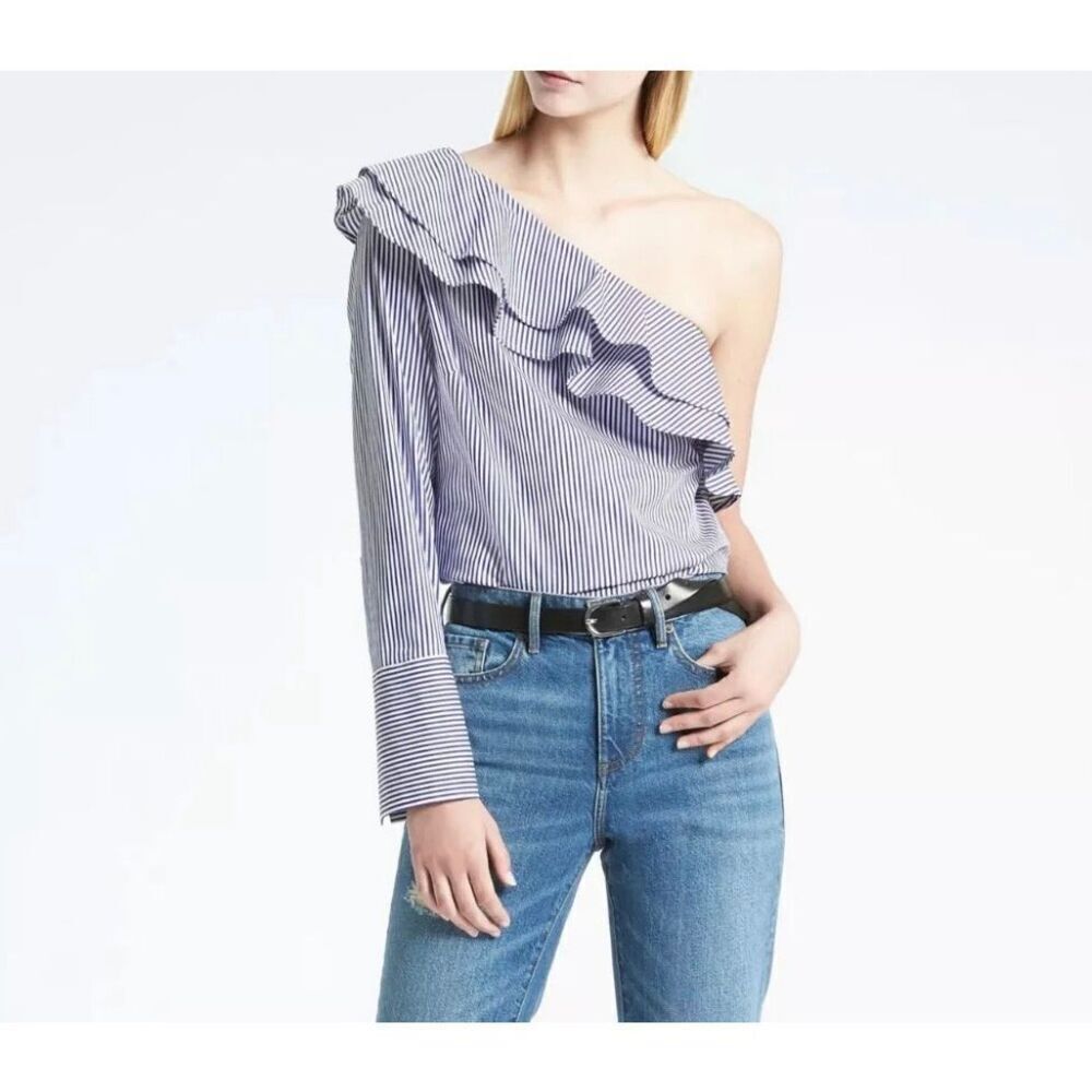 NEW Banana Republic Womens One Shoulder Ruffle Striped Blouse Blue Size Small